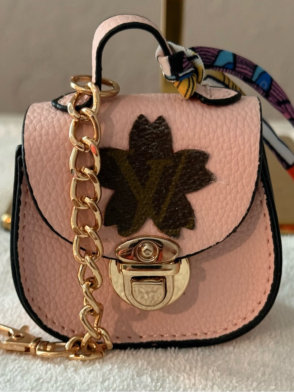 Designer-Inspired Bag Charm In Pink Mini Crossbody Bag w/ Gold Chain/Mini Twilly
